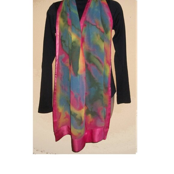 Vtg Hand-Dyed Silk Chiffon & Satin Foulard Scarf Shawl 70" X 15" - Picture 4 of 11